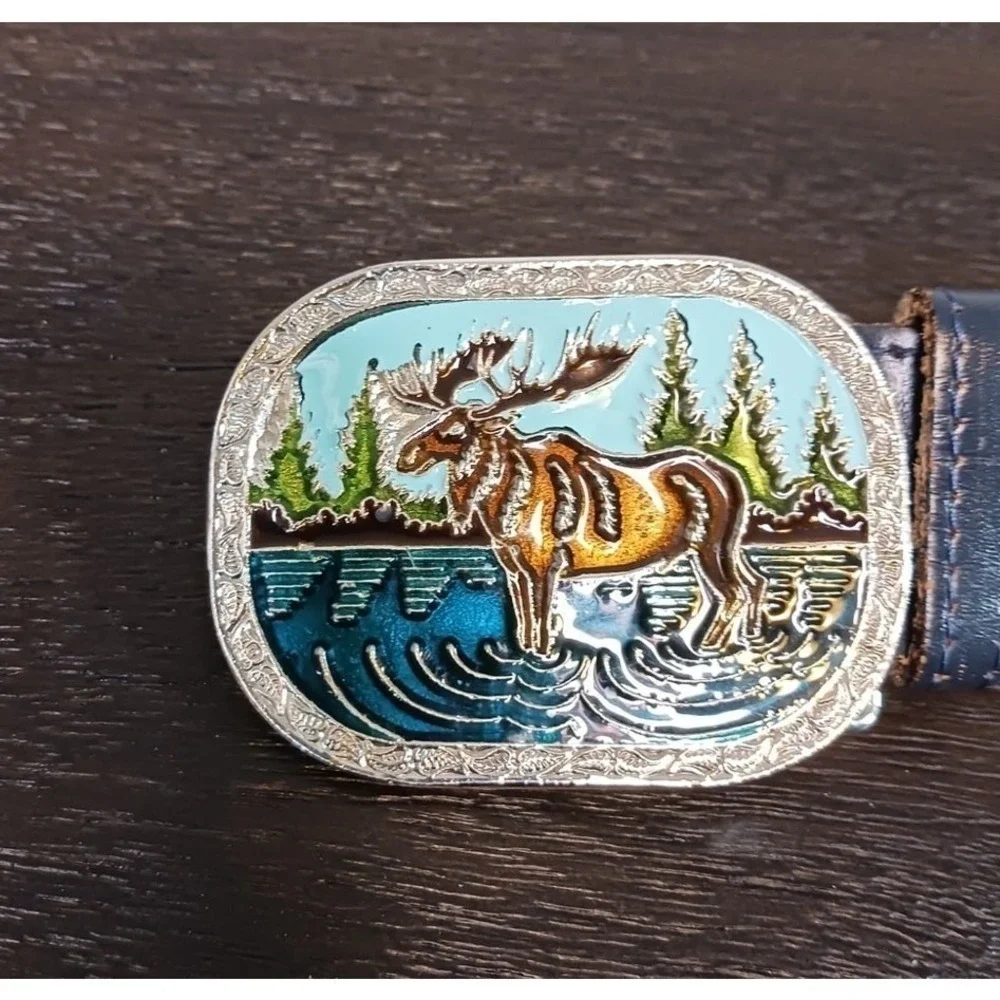 Moose Buckle Leather Belt Men's 34 Blue Western Made USA Novelty Hunting